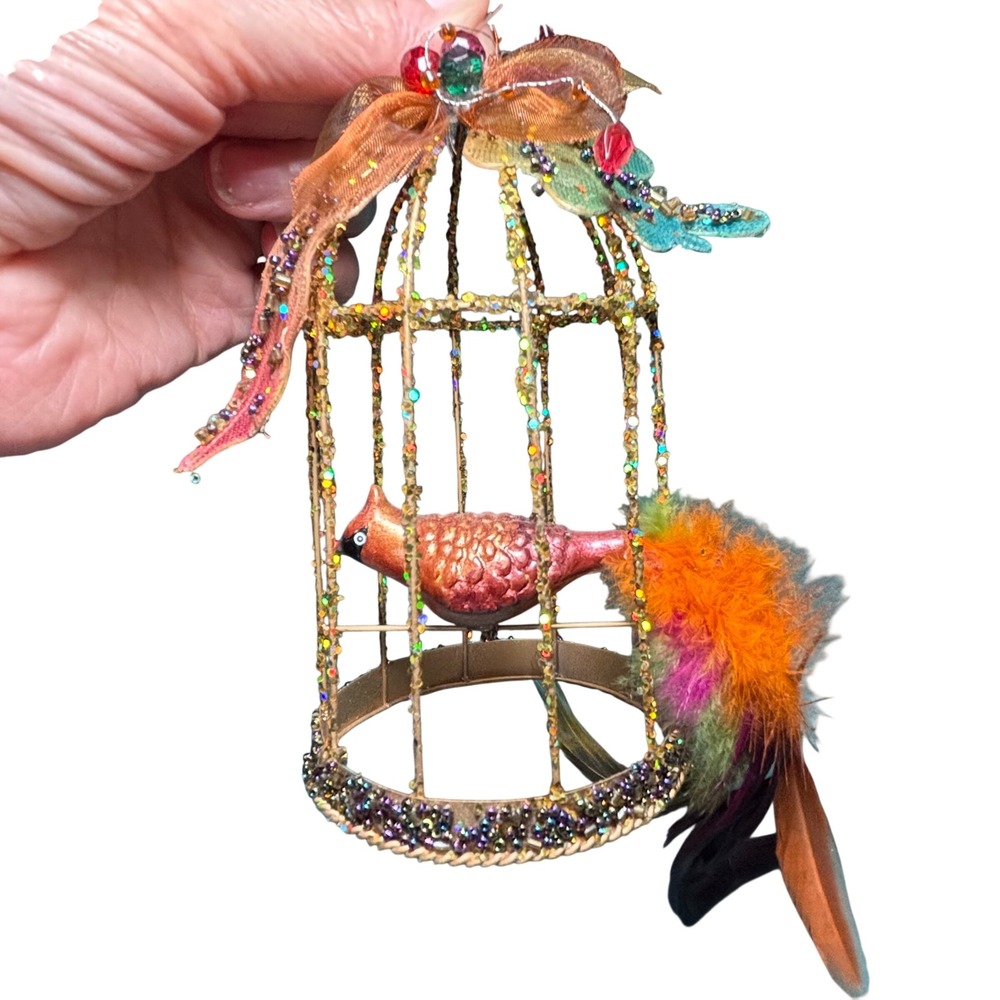 Birdcage Ornament Gold Cardinal Glitter Feaded Beaded Whimsical Holiday Decor